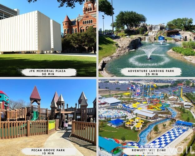 A collage of four different amusement parks with their respective names and visiting times.