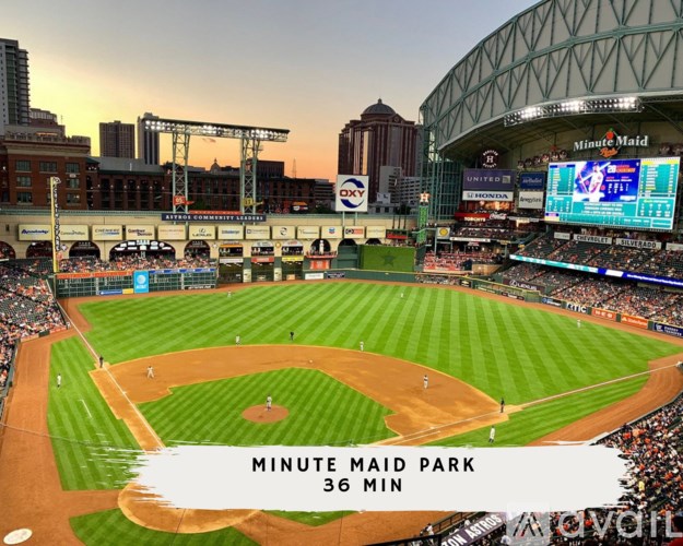 A baseball stadium with the words "Minute Maid Park" and "36 min" on the field.