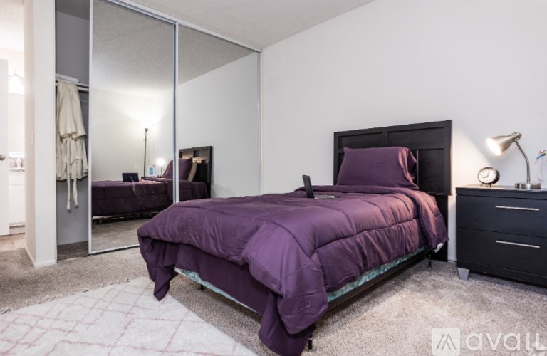 A bedroom with a purple bedspread and a black bed.