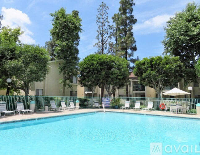 A pool surrounded by trees and chairs with a sign that says "available".