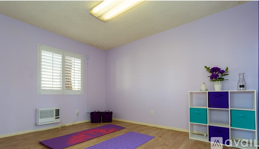 A room with purple walls and a yoga mat on the floor.