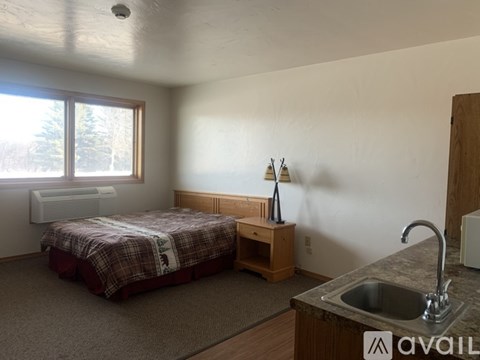 A bedroom with a bed, nightstand, and sink.