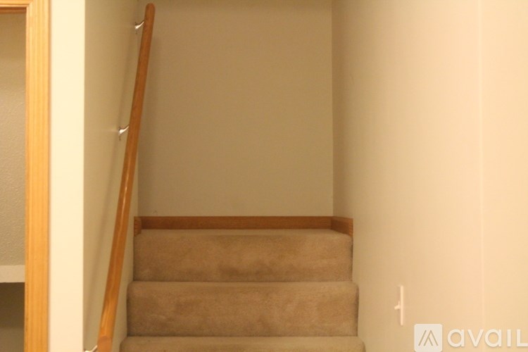 A staircase with a wooden handrail and beige carpeted steps.