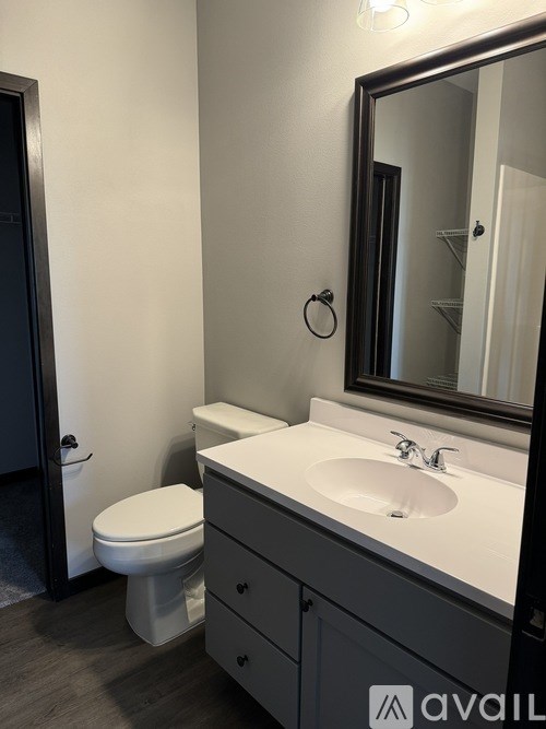 A bathroom with a toilet, sink, and mirror.