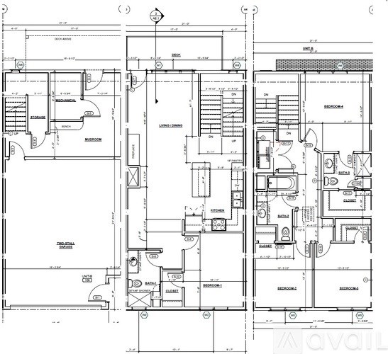A detailed architectural floor plan of a building with multiple rooms and sections.