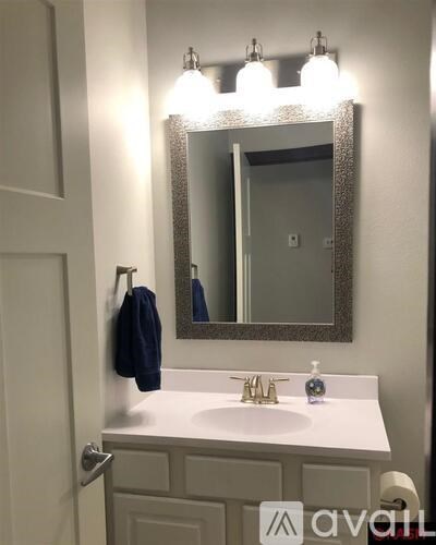 A bathroom with a white countertop and a mirror above it.