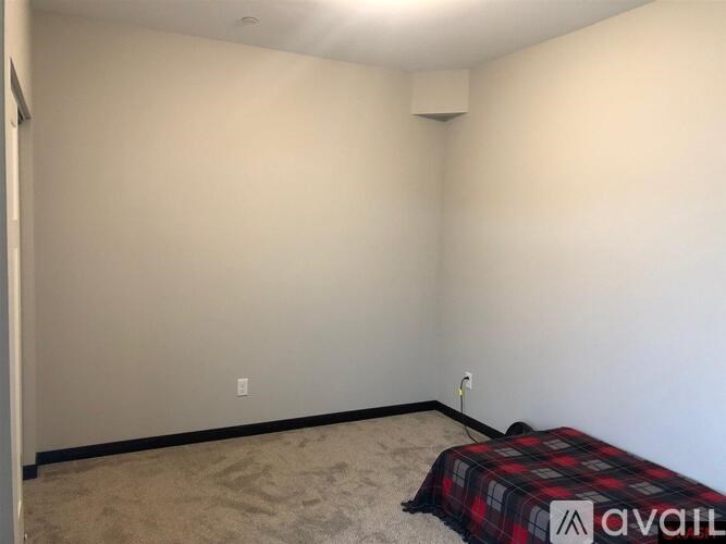 A room with a bed and a carpet.