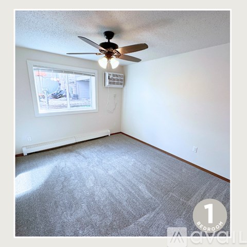 A bedroom with a ceiling fan and carpeted floor.