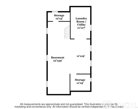 A floor plan of a room with a laundry room, storage space, and basement.