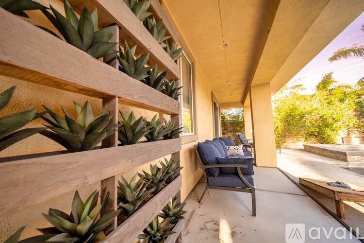 A wooden planter with succulents sits on a patio next to a blue couch.