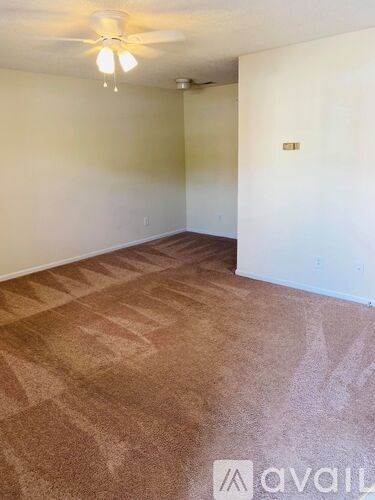 A room with a carpeted floor and a ceiling fan.