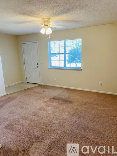 A room with a carpeted floor, a ceiling fan, and a window with a view of trees outside.