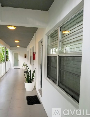 A long hallway with a potted plant on the floor.