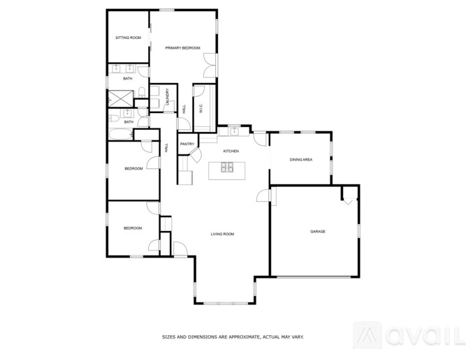 A floor plan of a house with a living room, dining room, kitchen, and multiple bedrooms.