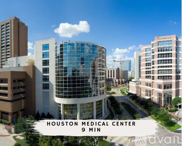 A modern building with the words "Houston Medical Center 9 min" on it.