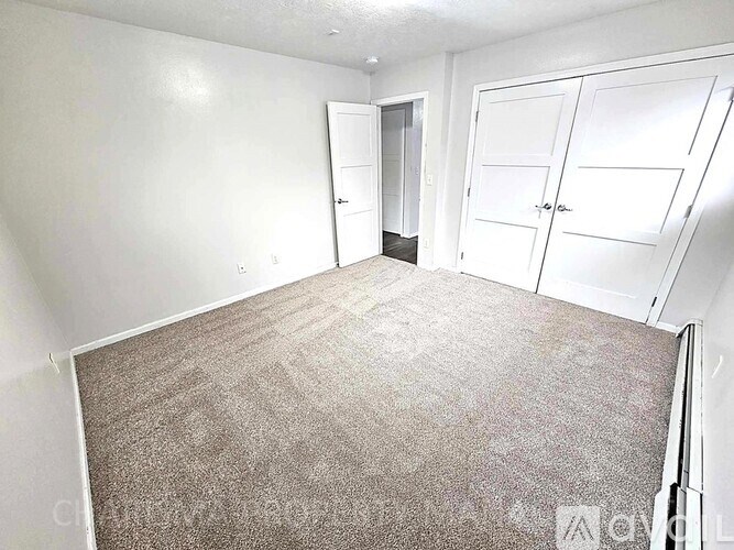 A carpeted room with a door and a closet.