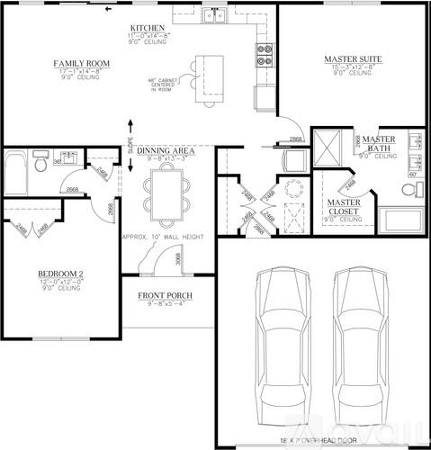 A black and white floor plan of a house with a front porch and two bedrooms.