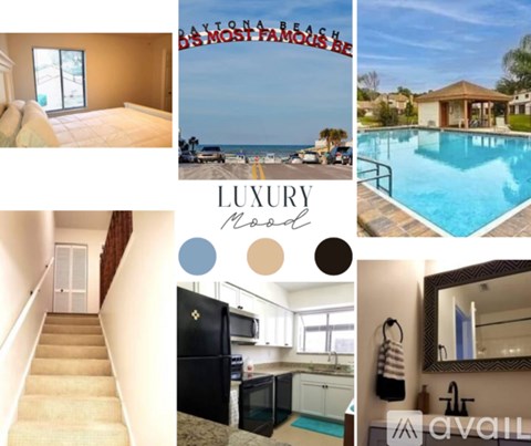 A collage of images showcasing a luxury model home with a pool, beach view, and interior design.