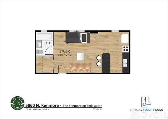 A floor plan of a studio apartment with a bathroom, kitchenette, and living area.