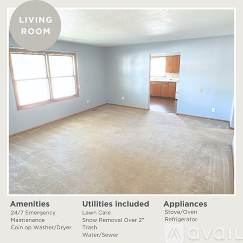 A living room with a list of amenities and appliances.