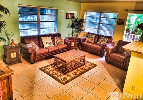 A living room with brown leather furniture and a rug.