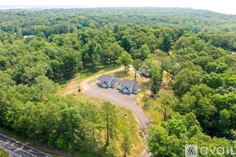 A bird's eye view of a house surrounded by a forest.