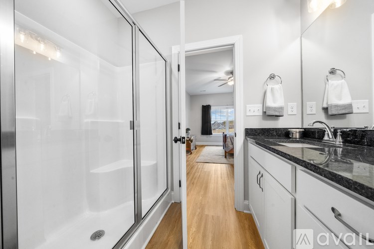 A bathroom with a walk-in shower and a sink.