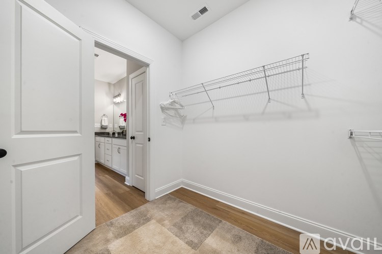 A white hallway with a rug and a coat rack.