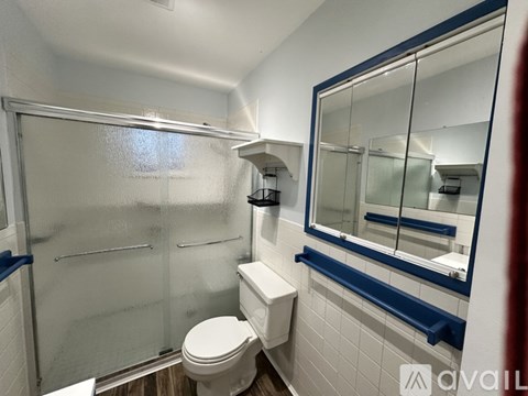 A white toilet in a bathroom with a blue trim.