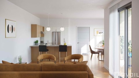 A living room with a brown couch and a dining table with chairs.