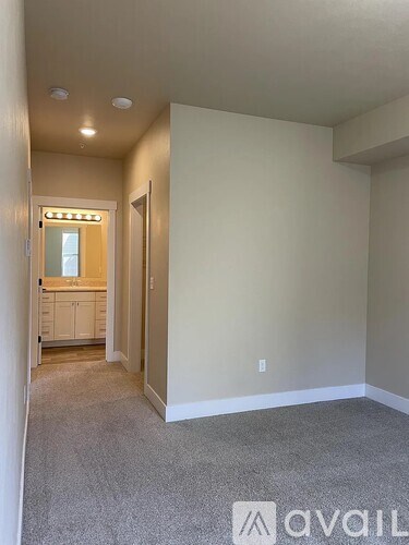 A room with a carpeted floor and a doorway leading to another room.