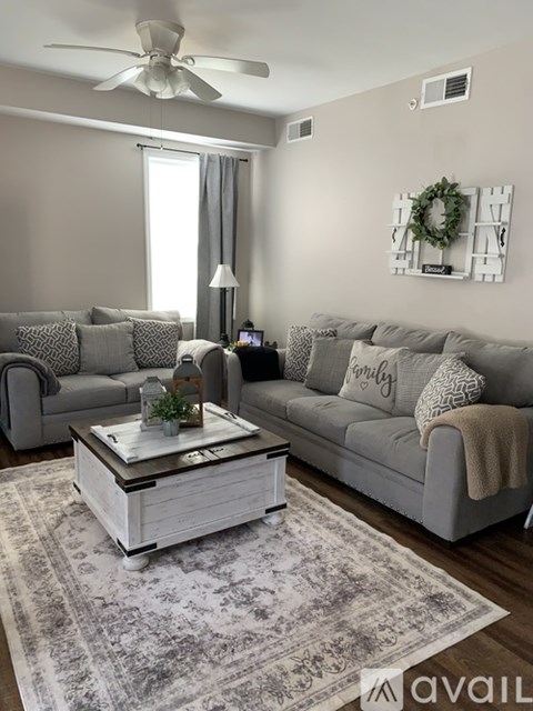A living room with a grey couch, a coffee table, and a rug.