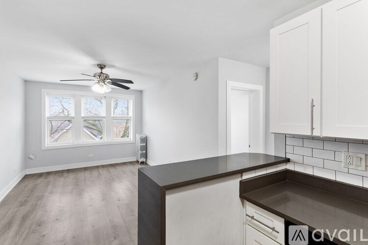 A kitchen with a counter and cabinets is available for rent.