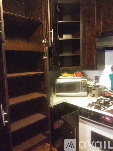 A kitchen with an open pantry and a microwave on the counter.
