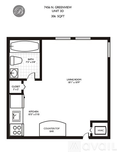 A floor plan of a 306 square foot unit with a living room, kitchen, bath, and closet.