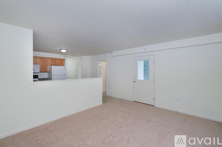 A large empty room with a carpeted floor and a window.