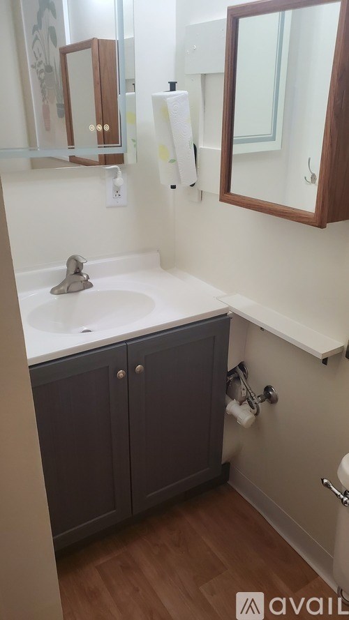 A bathroom with a sink, mirror, and cabinet.