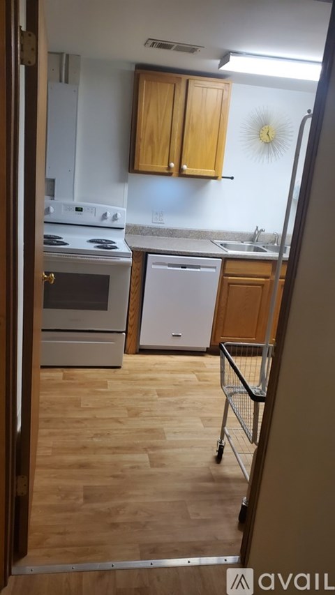A kitchen with wooden cabinets and a white dishwasher.