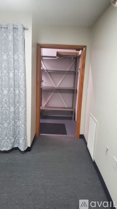 A room with a carpeted floor and a wooden door leading to a pink shelving unit.