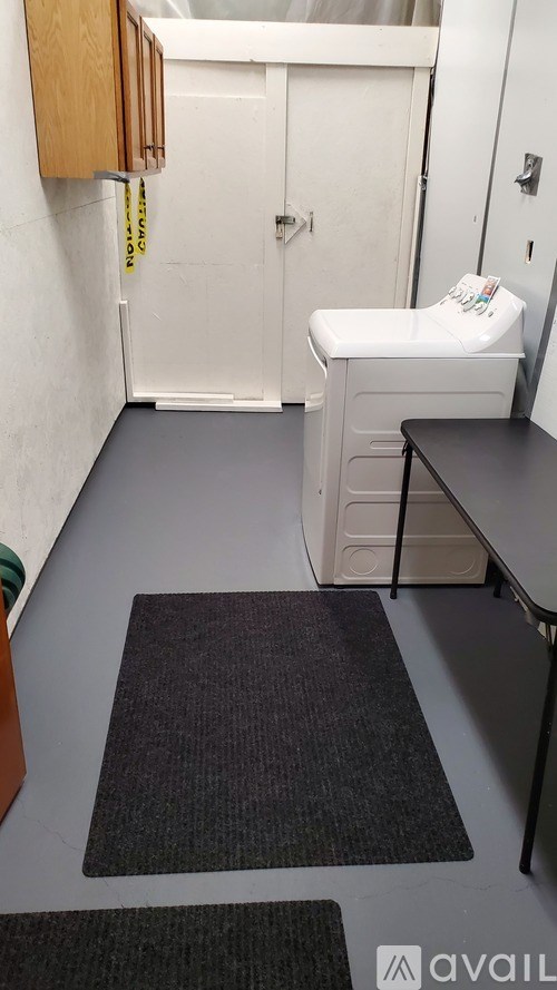 A bathroom with a toilet, sink, and a mat on the floor.