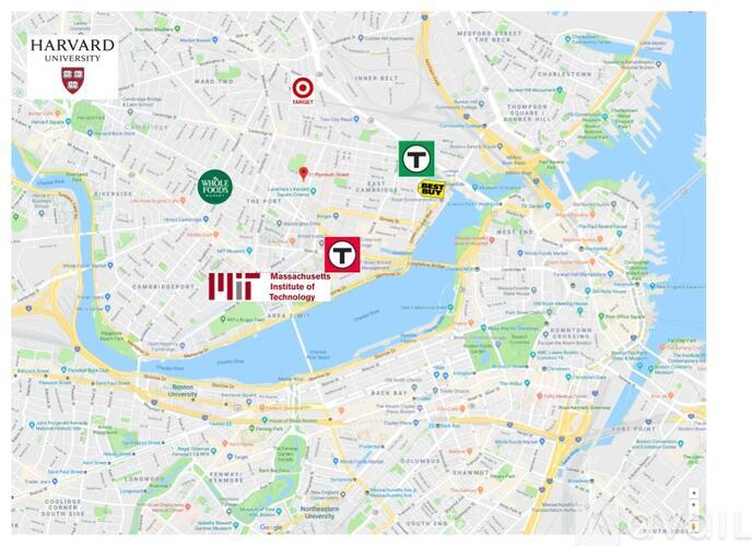 A map of Harvard University with various landmarks and locations marked.