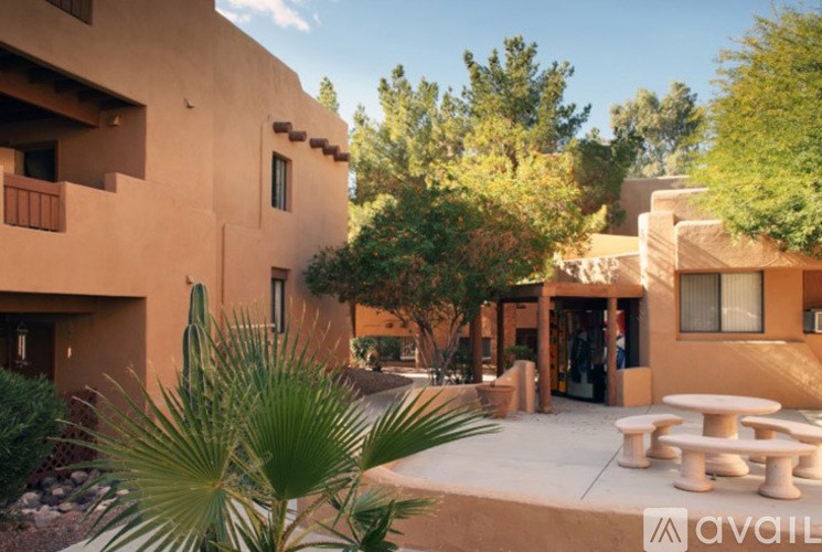 A sunny day at a courtyard with a palm tree and a building with a balcony.