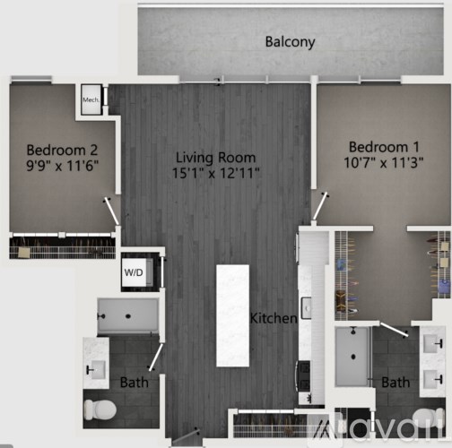 A floor plan of a home with a balcony, two bedrooms, a living room, a kitchen, and two bathrooms.