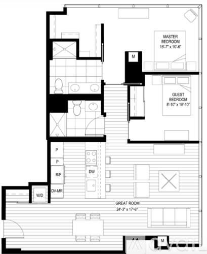 A black and white floor plan of a two bedroom apartment.