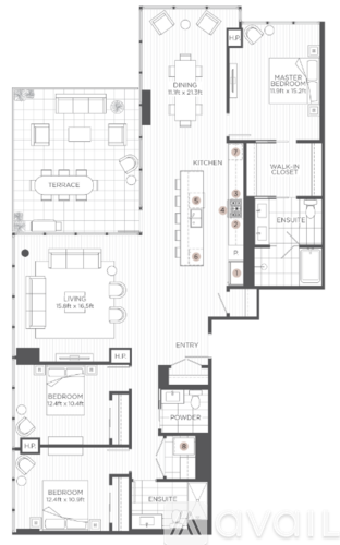 A floor plan of an apartment with two bedrooms, a living area, a kitchen, and a terrace.
