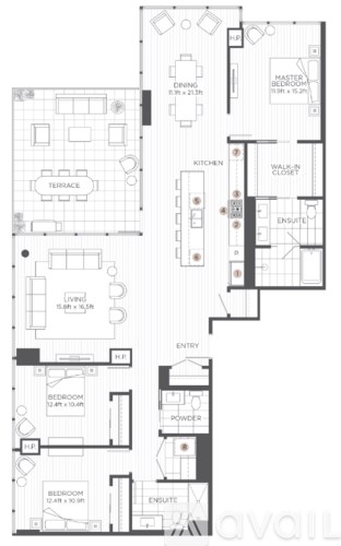 A floor plan of an apartment with two bedrooms, a living area, a kitchen, and a terrace.