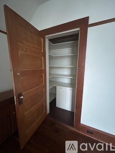 A wooden door opens to a small pantry with shelves.