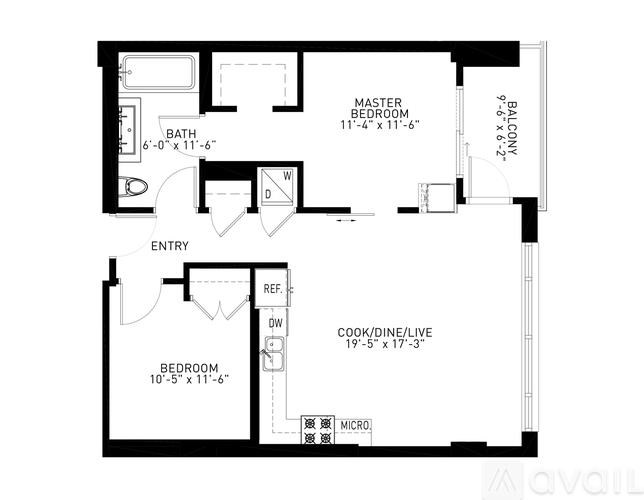 A floor plan of a two-bedroom apartment with a balcony.