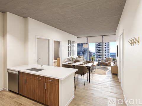 A modern kitchen with wooden cabinets and a dining table with chairs.
