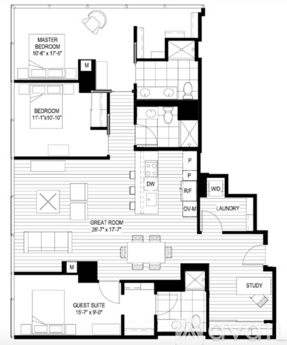 A black and white image of a floor plan for a house with a master bedroom, two other bedrooms, a great room, a study, a laundry room, and a guest suite.